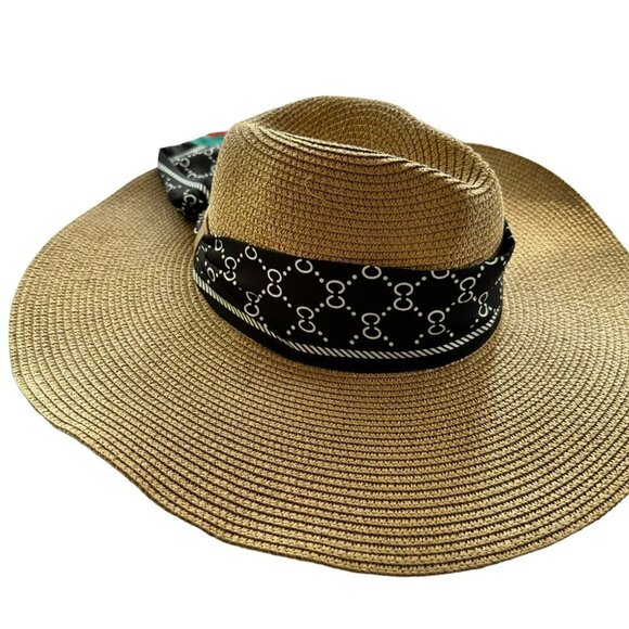 Odiva Summer Hat Khaki Stripe Pattern Band Straw Sun Hat - Picture 6 of 16